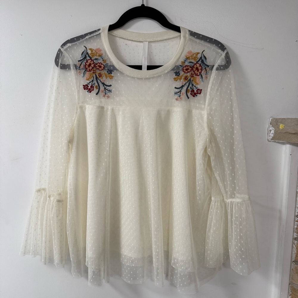 Embroidered Sheer Cream Blouse
